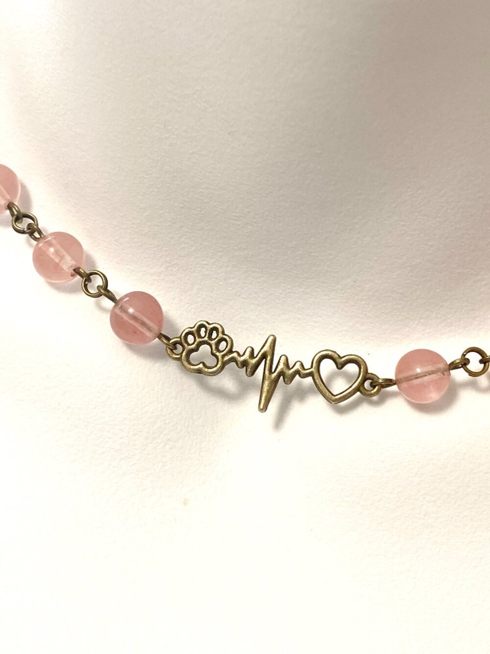 Cherry Quartz Short Adjustable Necklace w/ Bronze Paw Print Heart Beat Charm